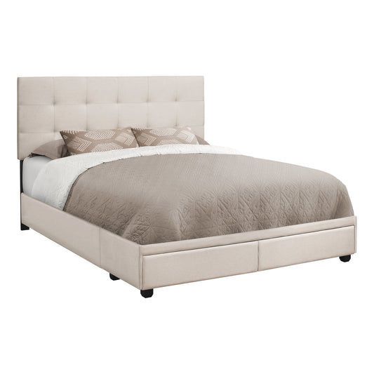 Lit Queen complet/ Aves 2 Tiroirs Rangement /  Tissu Beige / #MO6021Q