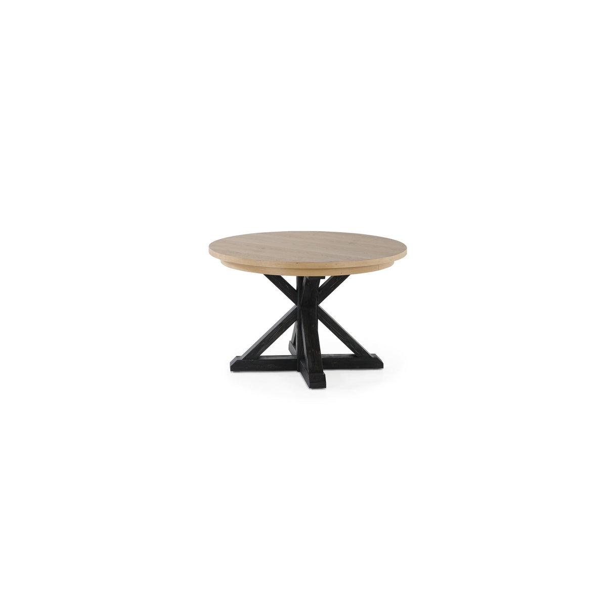 Table ronde Gather chêne belge, base patina noire, fermée, sur fond blanc