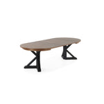 Table à manger ronde extensible Gather châtaignier français, base patina noire, ouverte en ovale, sur fond blanc