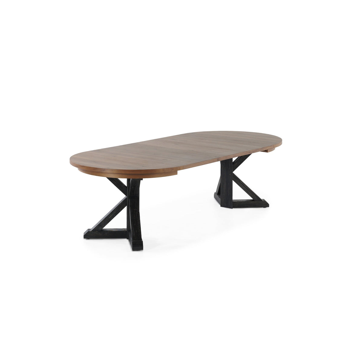 Table à manger ronde extensible Gather châtaignier français, base patina noire, ouverte en ovale, sur fond blanc