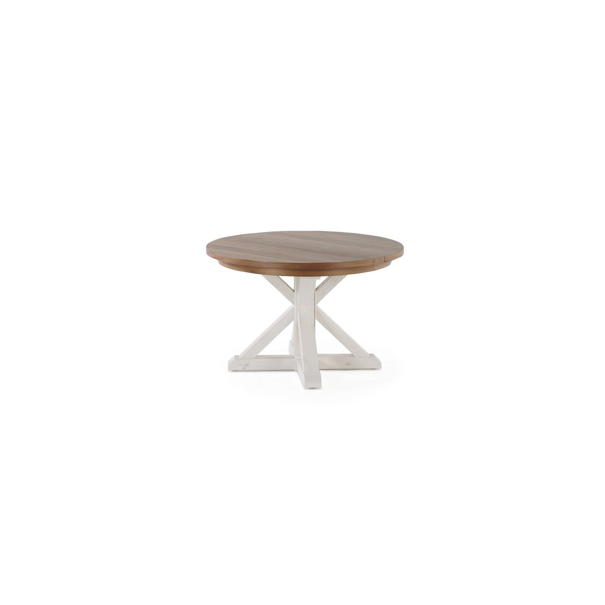 Table ronde Gather châtaignier français, base patina blanche, fermée, sur fond blanc