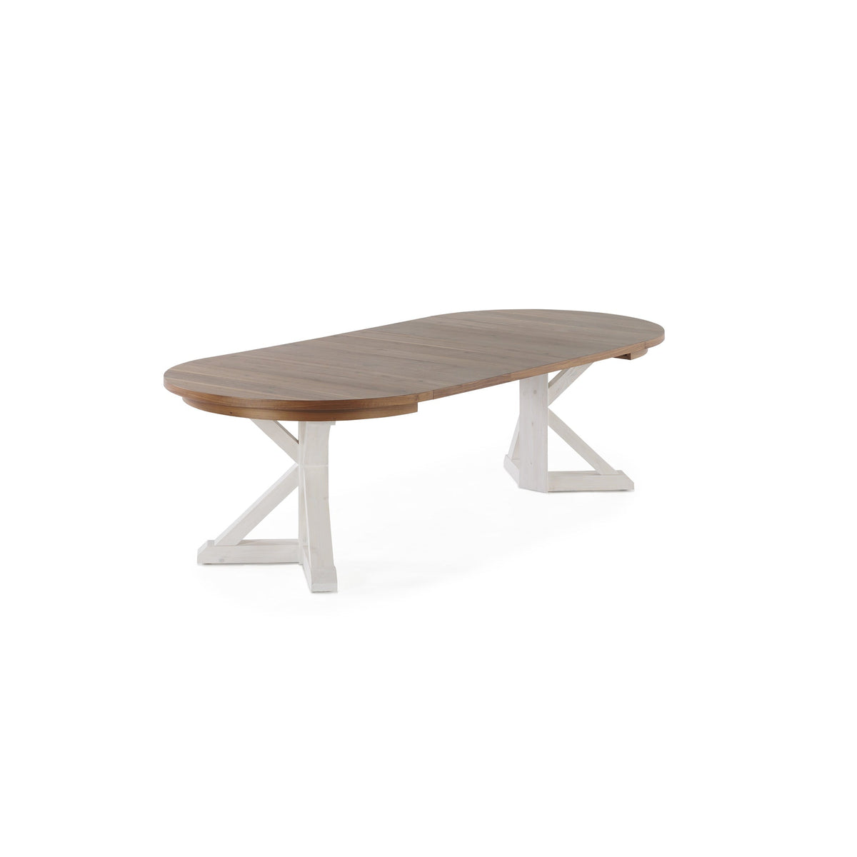 Table à manger ronde extensible Gather châtaignier français, base patina blanche, ouverte en ovale, sur fond blanc
