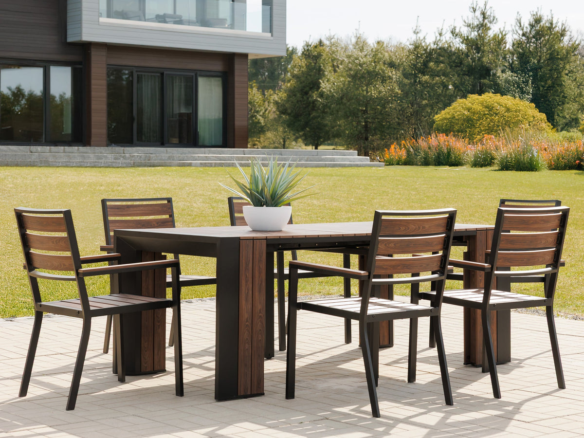 Chaise extérieure Transformer en noyer foncé, cadre noir – avec 3 rallonge(s), ensemble table et chaises – Meubles TOCO