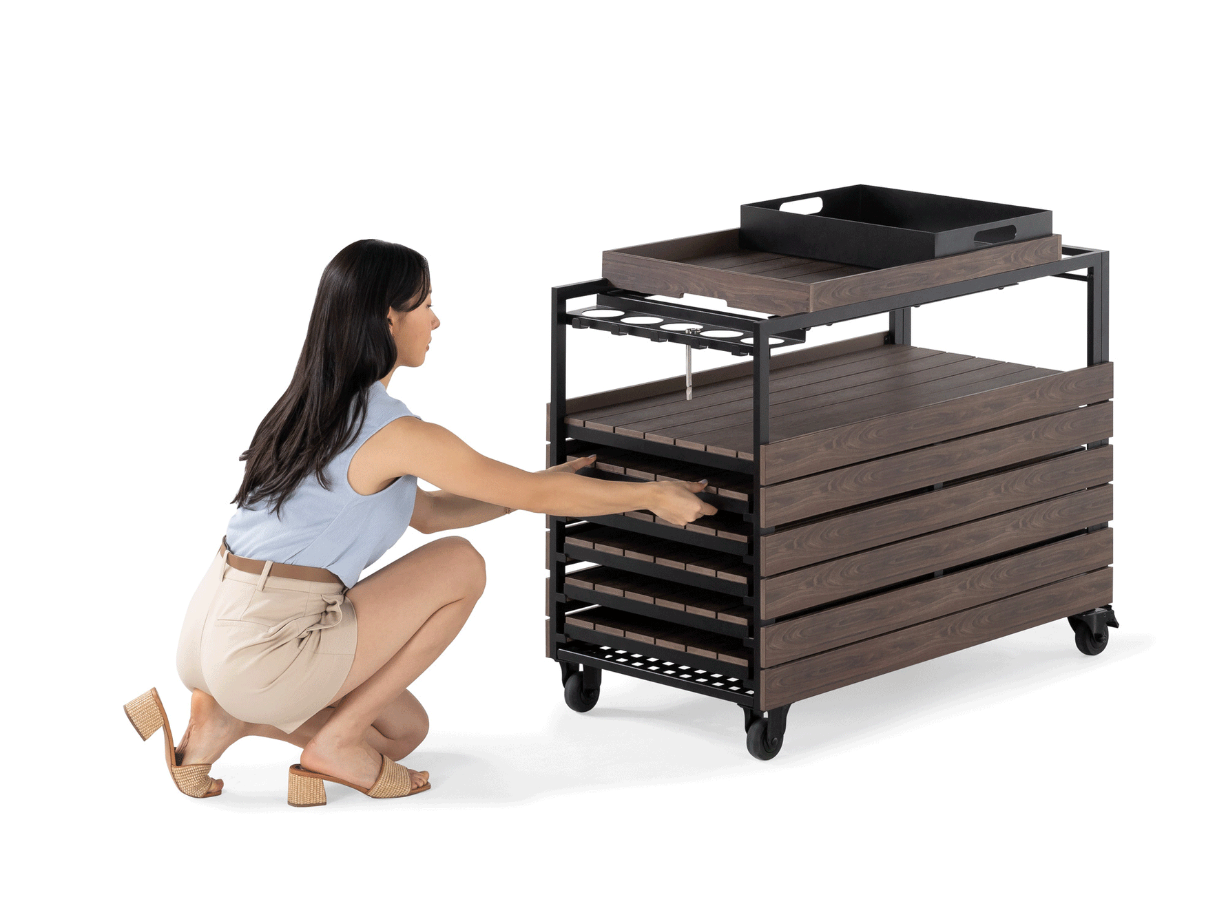 Chariot-bar extérieur Transformer en noyer foncé, cadre noir – démonstration animée – Meubles TOCO