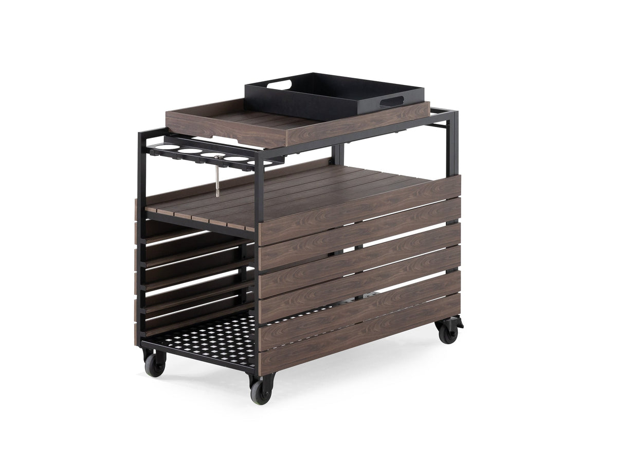 Chariot-bar extérieur Transformer en noyer foncé, cadre noir – vide, sur fond blanc – Meubles TOCO