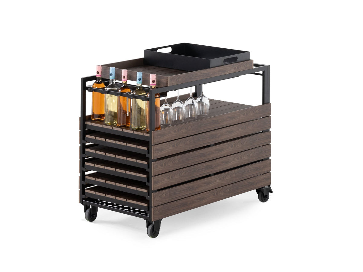 Chariot-bar extérieur Transformer en noyer foncé, cadre noir – sur fond blanc – Meubles TOCO
