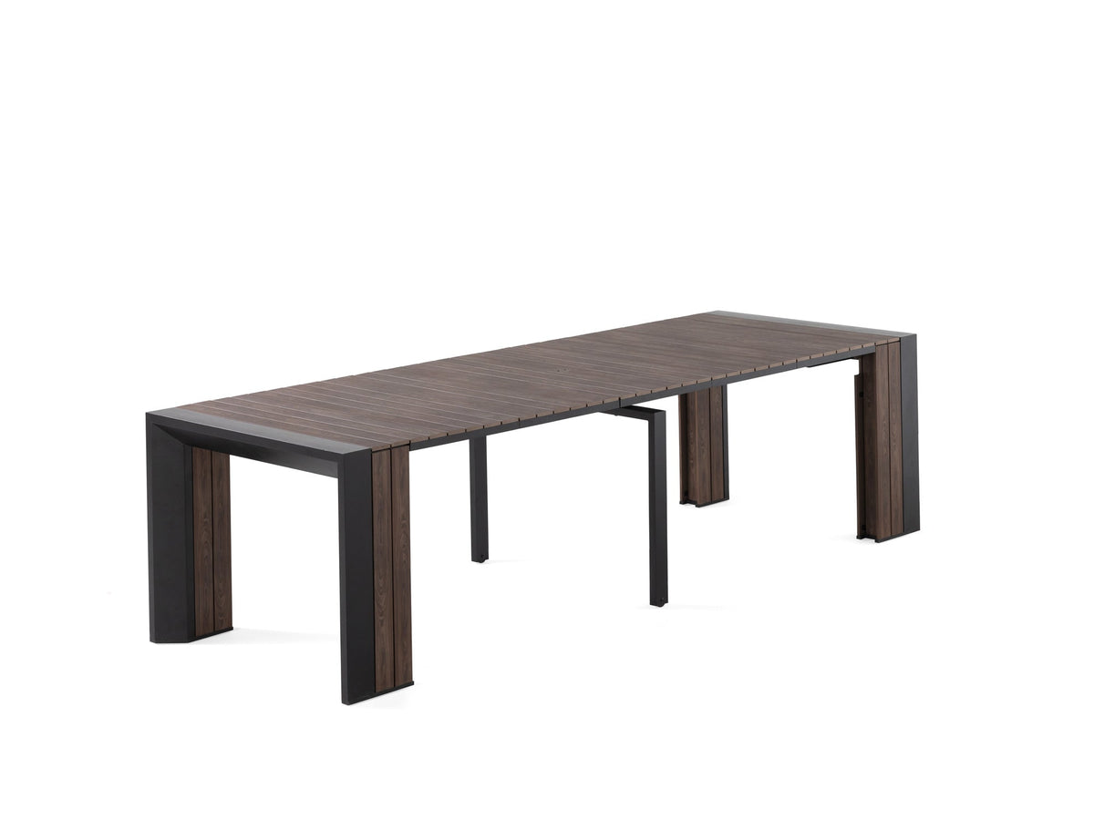 Table à manger extérieure extensible Transformer en noyer foncé, cadre noir – sur fond blanc – Meubles TOCO