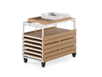 Chariot-bar extérieur Transformer en chêne clair, cadre blanc – rangement des rallonges, sur fond blanc – Meubles TOCO