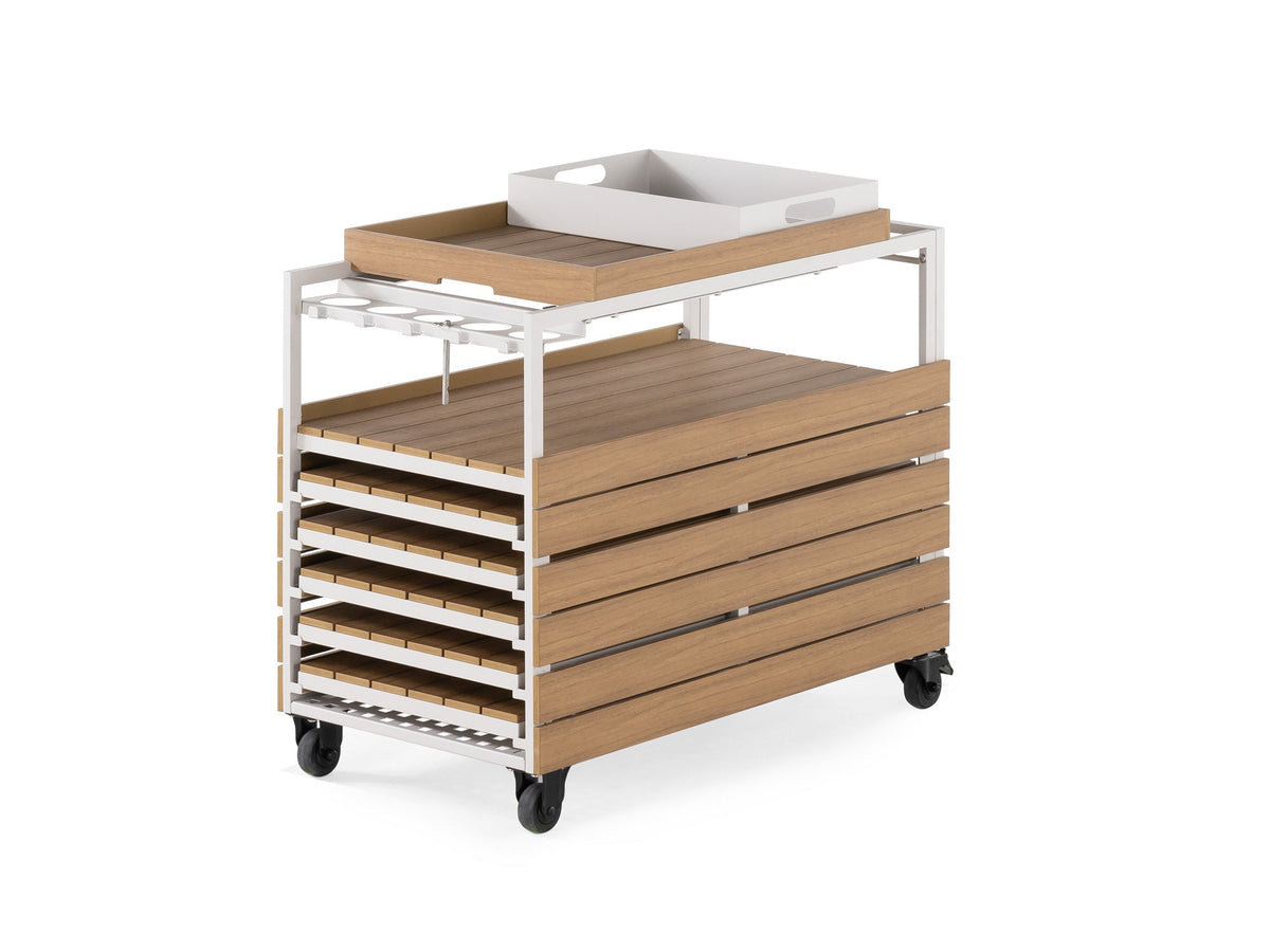 Chariot-bar extérieur Transformer en chêne clair, cadre blanc – rangement des rallonges, sur fond blanc – Meubles TOCO