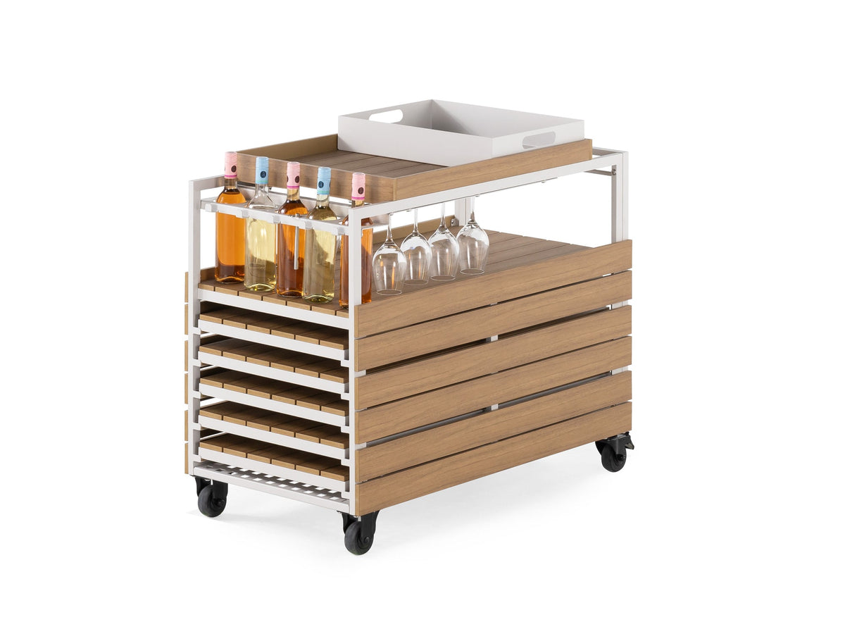 Chariot-bar extérieur Transformer en chêne clair, cadre blanc – sur fond blanc – Meubles TOCO