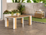 Table à manger extérieure extensible Transformer en chêne clair, cadre blanc – avec 3 rallonge(s), mise en situation – Meubles TOCO