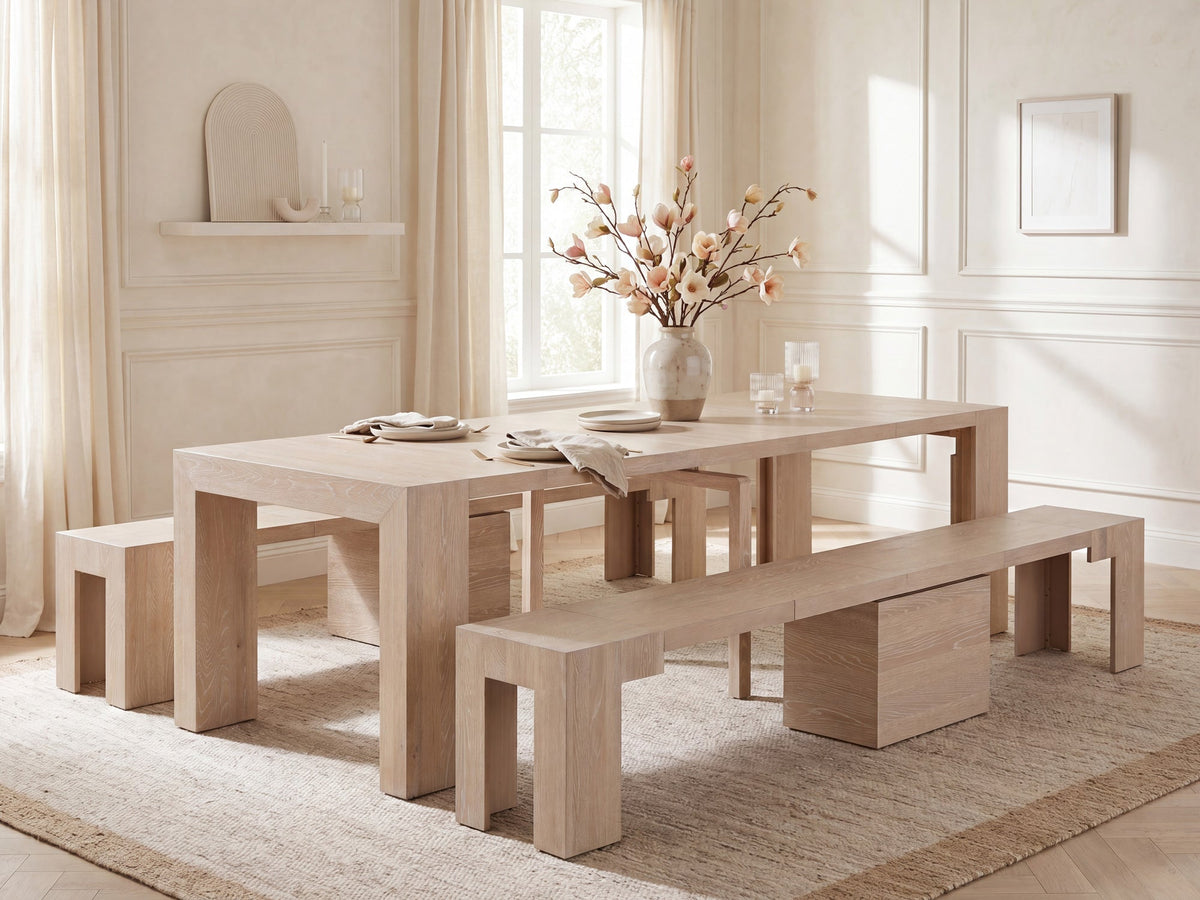 Banc extensible Transformer en chêne scandinave – avec 5 rallonge(s), ensemble avec banc, mise en situation – Meubles TOCO