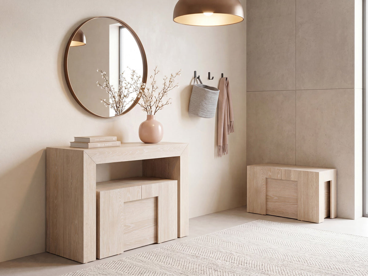 Banc extensible Transformer en chêne scandinave – fermée, format compact, ensemble avec banc, mise en situation – Meubles TOCO