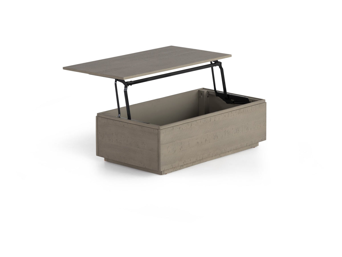Table basse relevable Transformer en orme ancien – déployée, sur fond blanc – Meubles TOCO