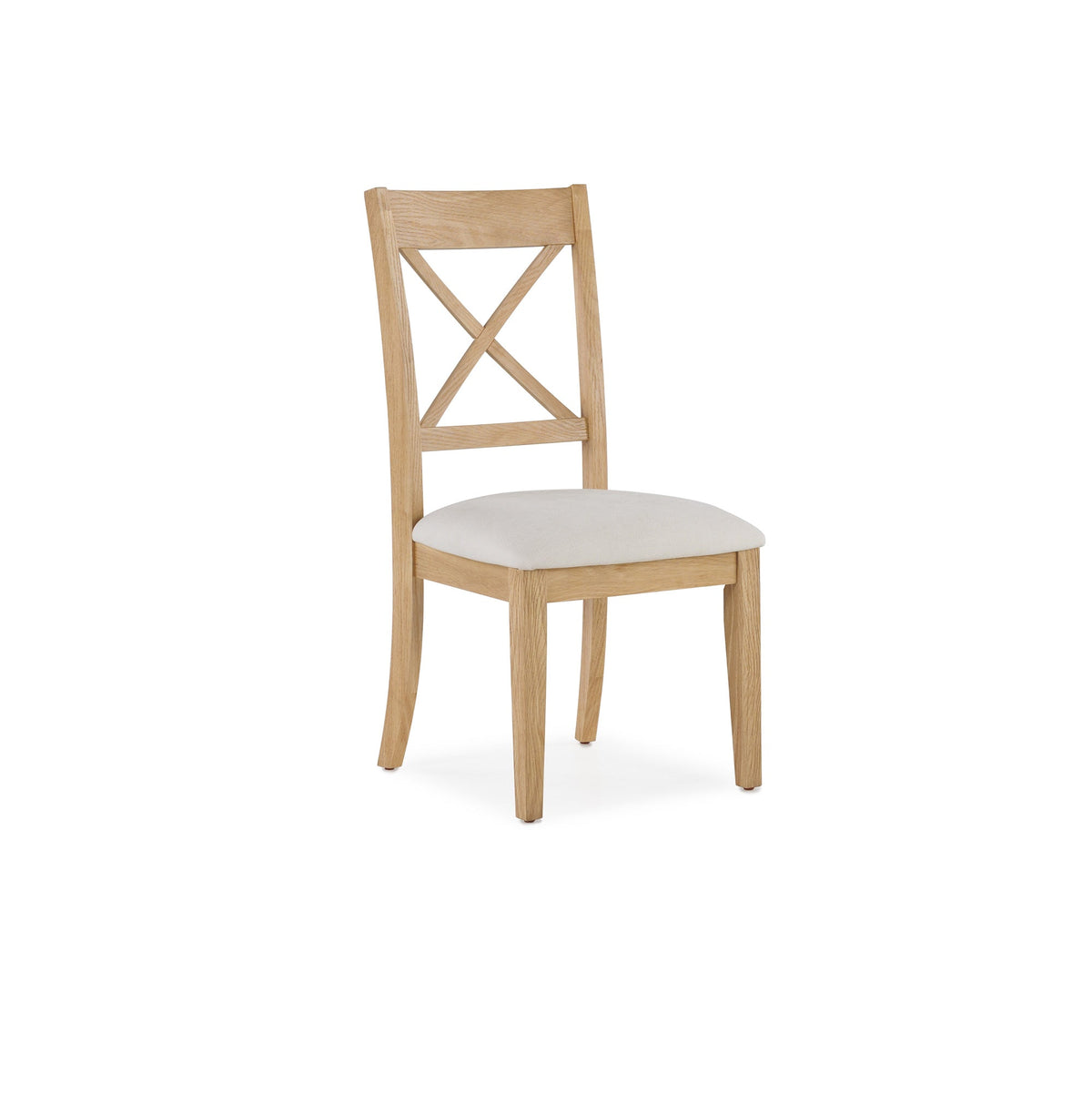Chaise Gather chêne belge et tissu crème, vue de face en angle sur fond blanc
