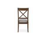 Chaise Gather châtaignier français et tissu étain, vue de dos sur fond blanc