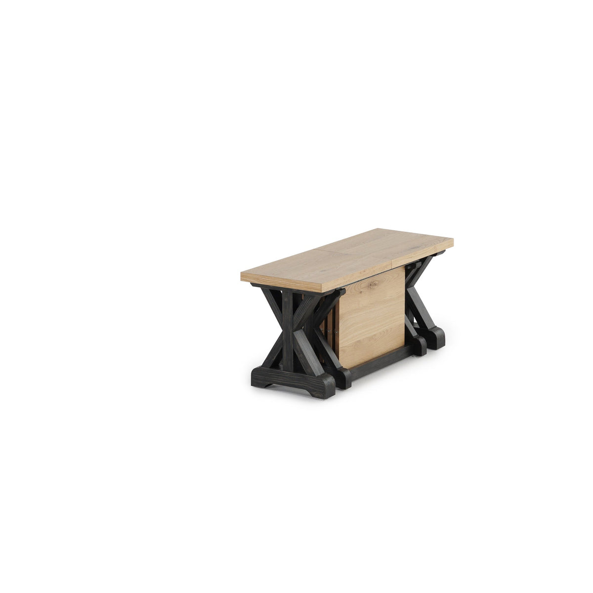 Banc Gather chêne belge, base patina noire, fermé, sur fond blanc