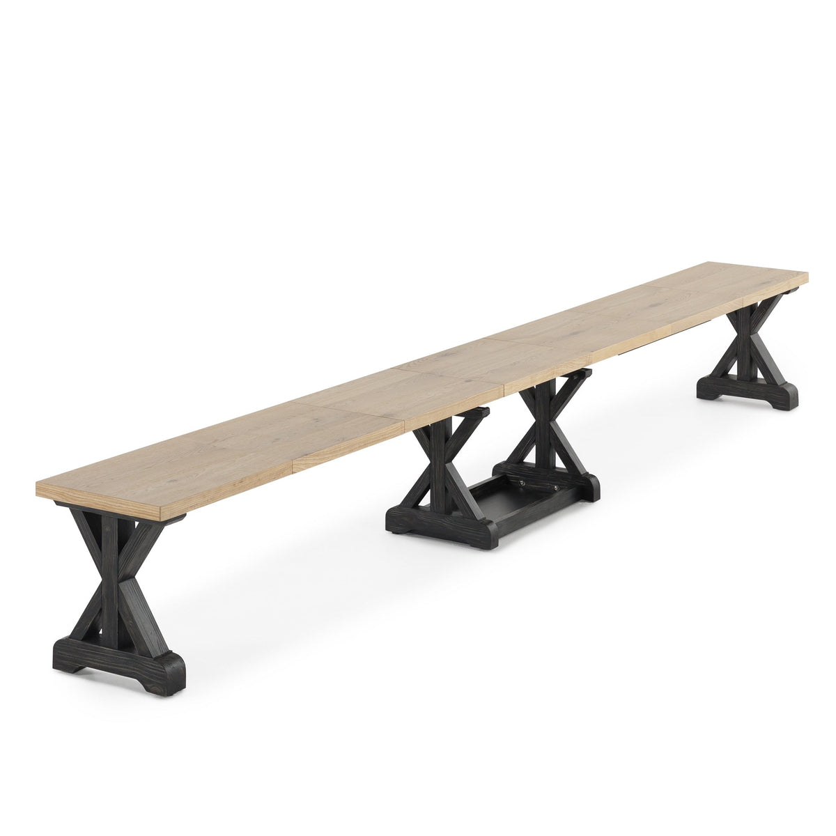 Banc extensible Gather chêne belge, base patina noire, ouvert, sur fond blanc