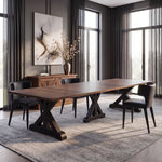Table Gather châtaignier français, base patina noire dans une salle à manger