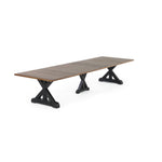 Table à manger rectangulaire extensible Gather châtaignier français, base patina noire, avec rallonges, sur fond blanc