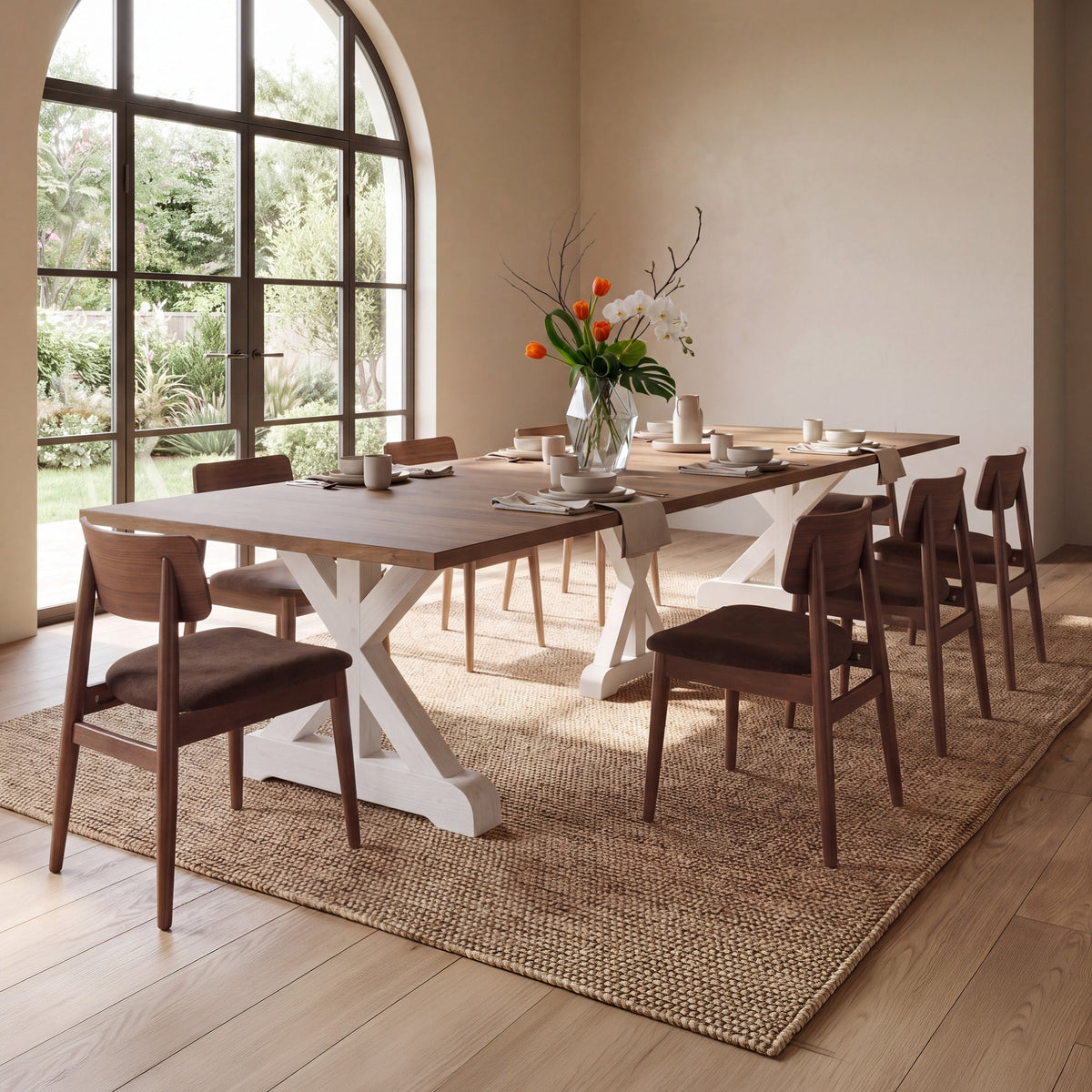 Table Gather châtaignier français, base patina blanche dans une salle à manger