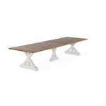 Table à manger rectangulaire extensible Gather châtaignier français, base patina blanche, avec rallonges, sur fond blanc