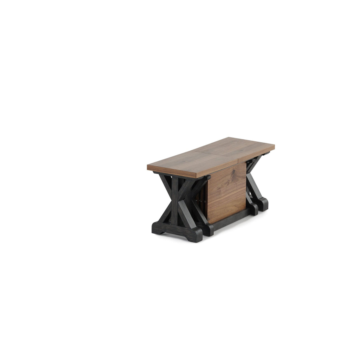 Banc Gather châtaignier français, base patina noire, fermé, sur fond blanc