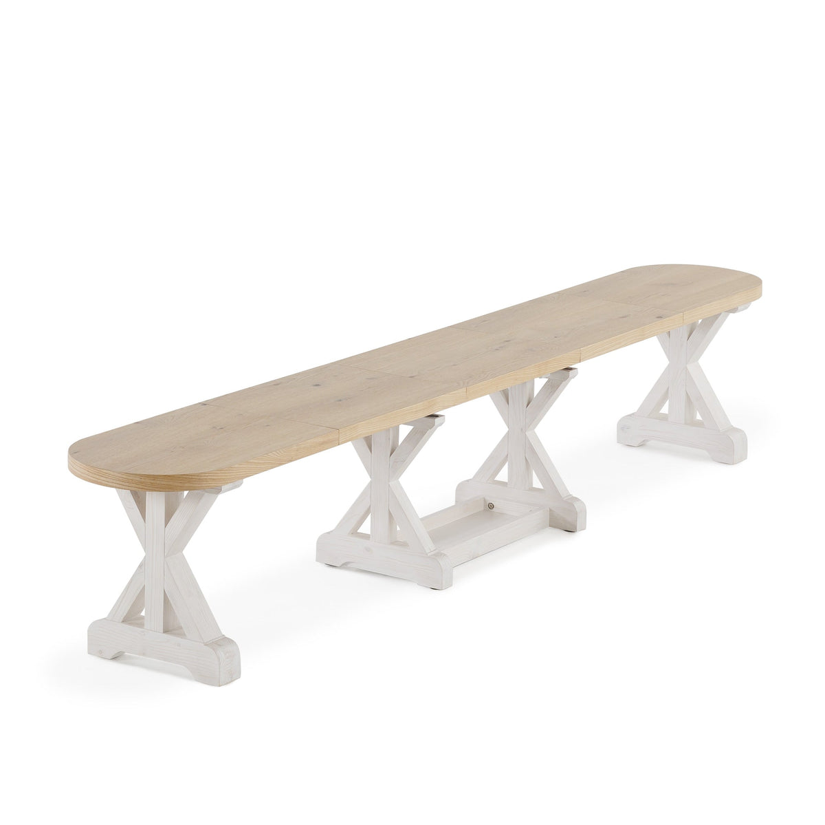 Banc extensible à bouts arrondis Gather chêne belge, base patina blanche, ouvert, sur fond blanc