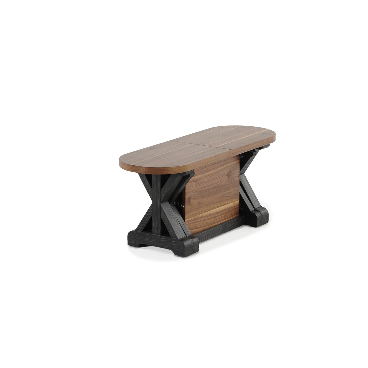 Banc à bouts arrondis Gather châtaignier français, base patina noire sur fond blanc