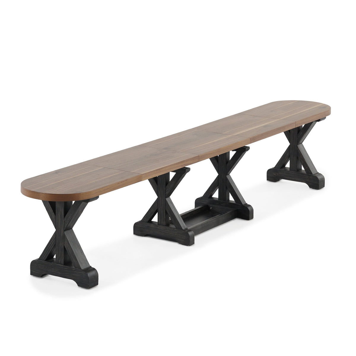 Banc extensible à bouts arrondis Gather châtaignier français, base patina noire, ouvert, sur fond blanc