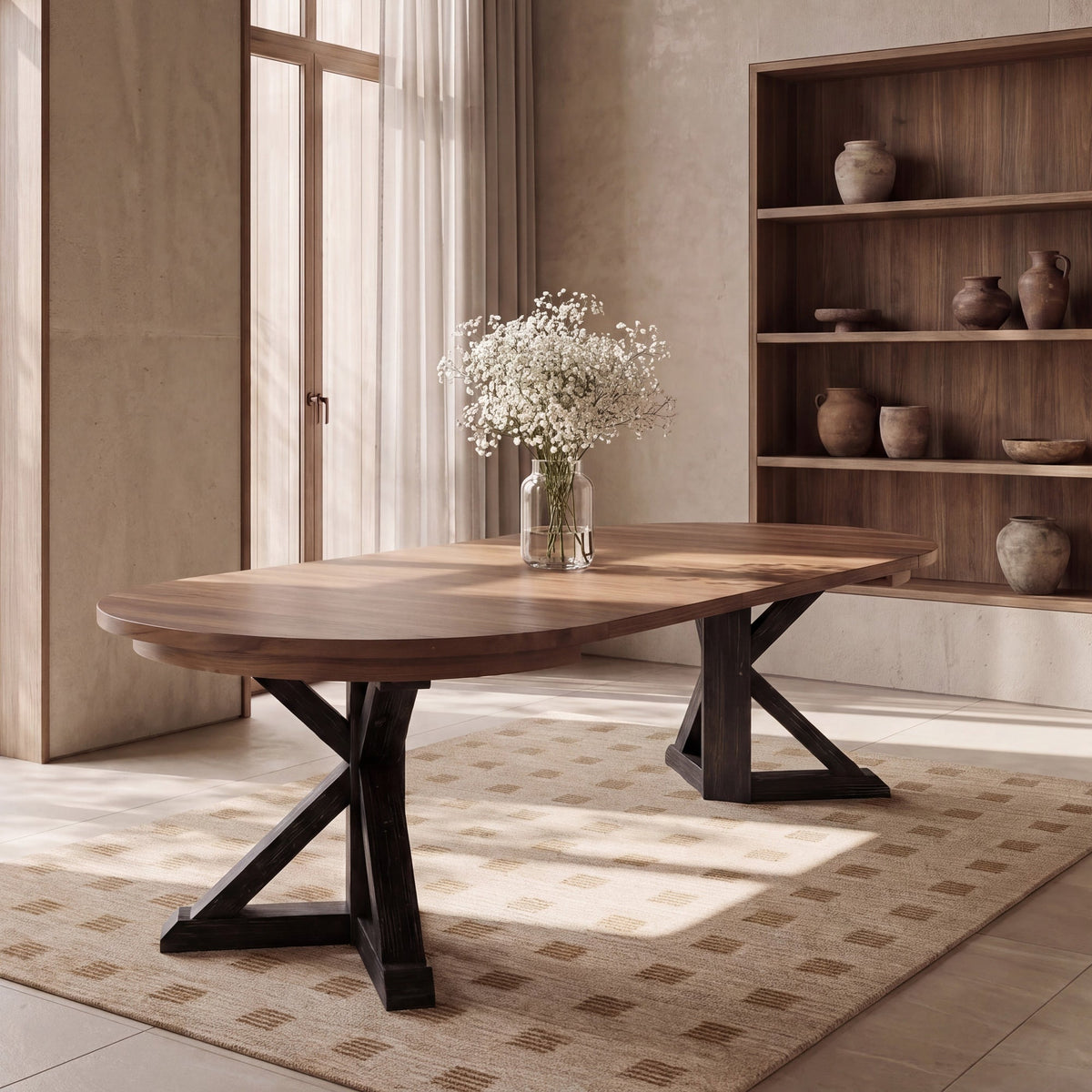 Table ronde Gather châtaignier français, base patina noire dans une salle à manger