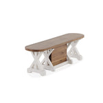 Banc à bouts arrondis Gather châtaignier français, base patina blanche sur fond blanc