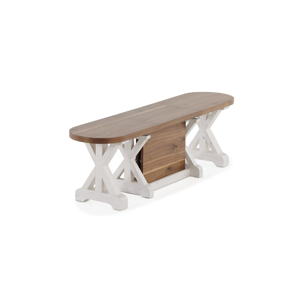 Banc à bouts arrondis Gather châtaignier français, base patina blanche sur fond blanc