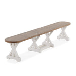 Banc extensible à bouts arrondis Gather châtaignier français, base patina blanche, ouvert, sur fond blanc