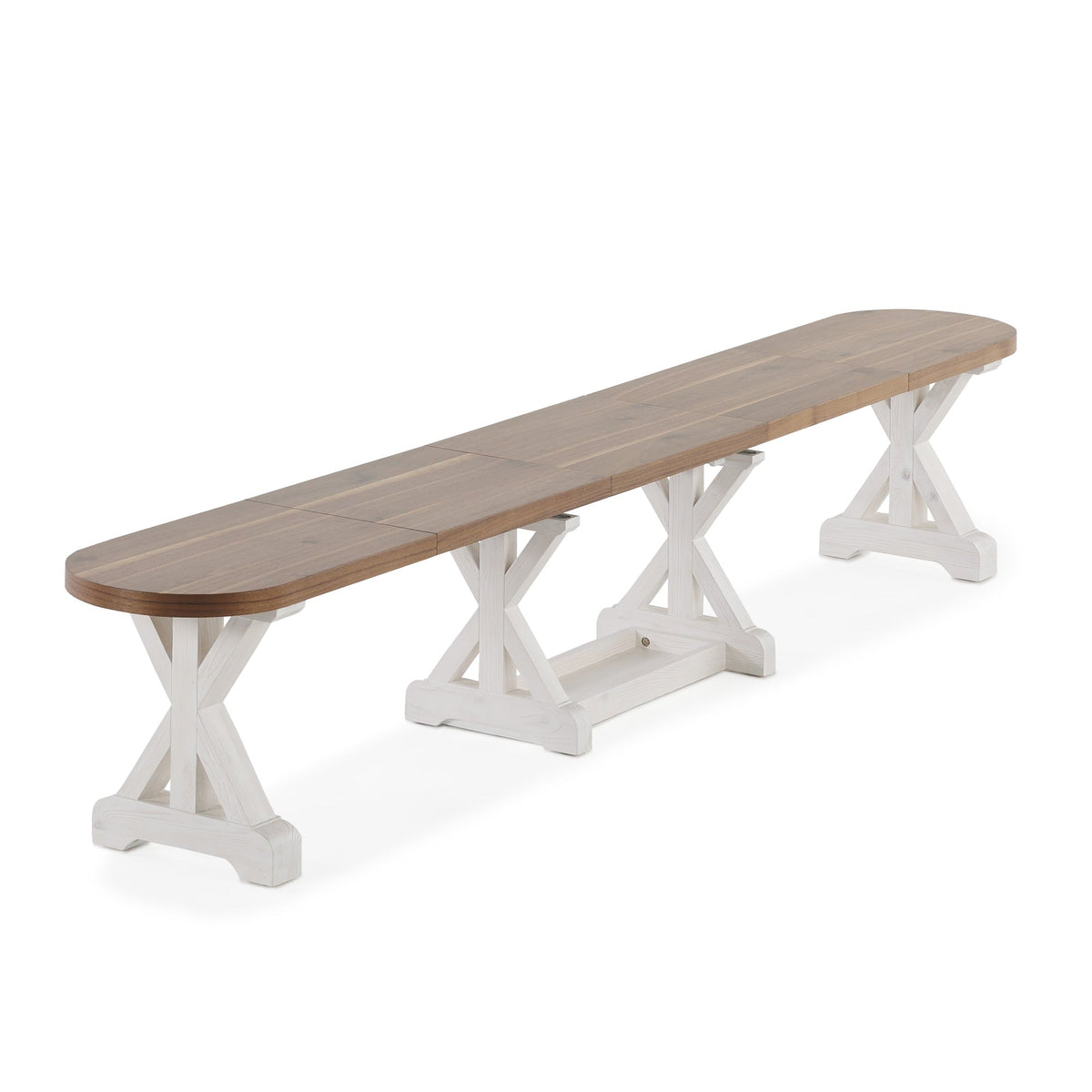 Banc extensible à bouts arrondis Gather châtaignier français, base patina blanche, ouvert, sur fond blanc