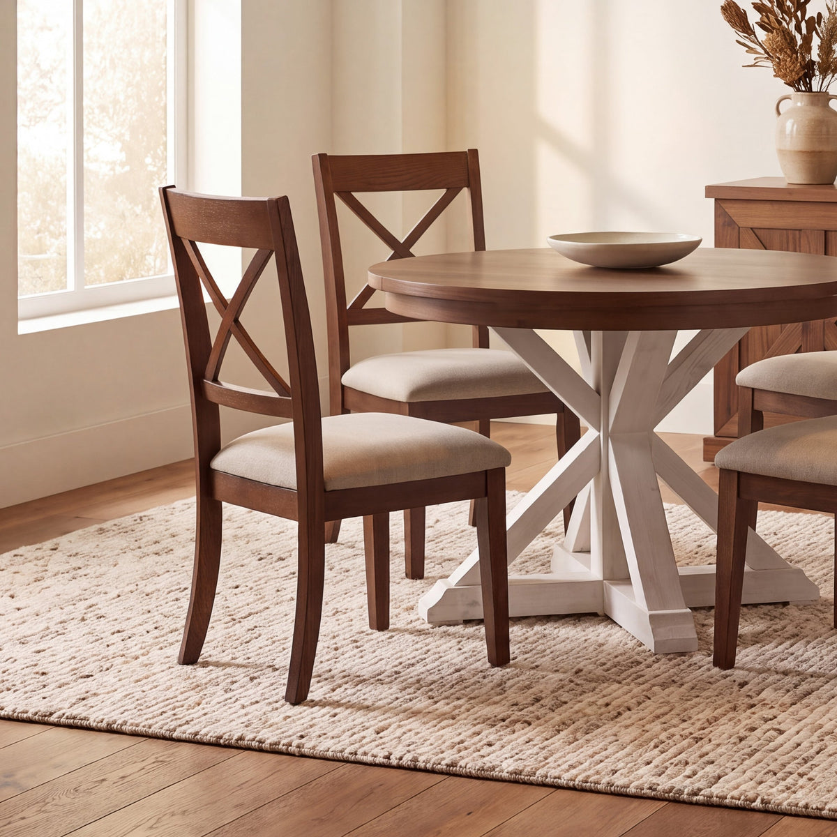 Chaise Gather châtaignier français et tissu étain, dans une salle à manger