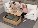 Table basse relevable Transformer en chêne scandinave – démonstration du mécanisme, rangement intégré, mise en situation – Meubles TOCO