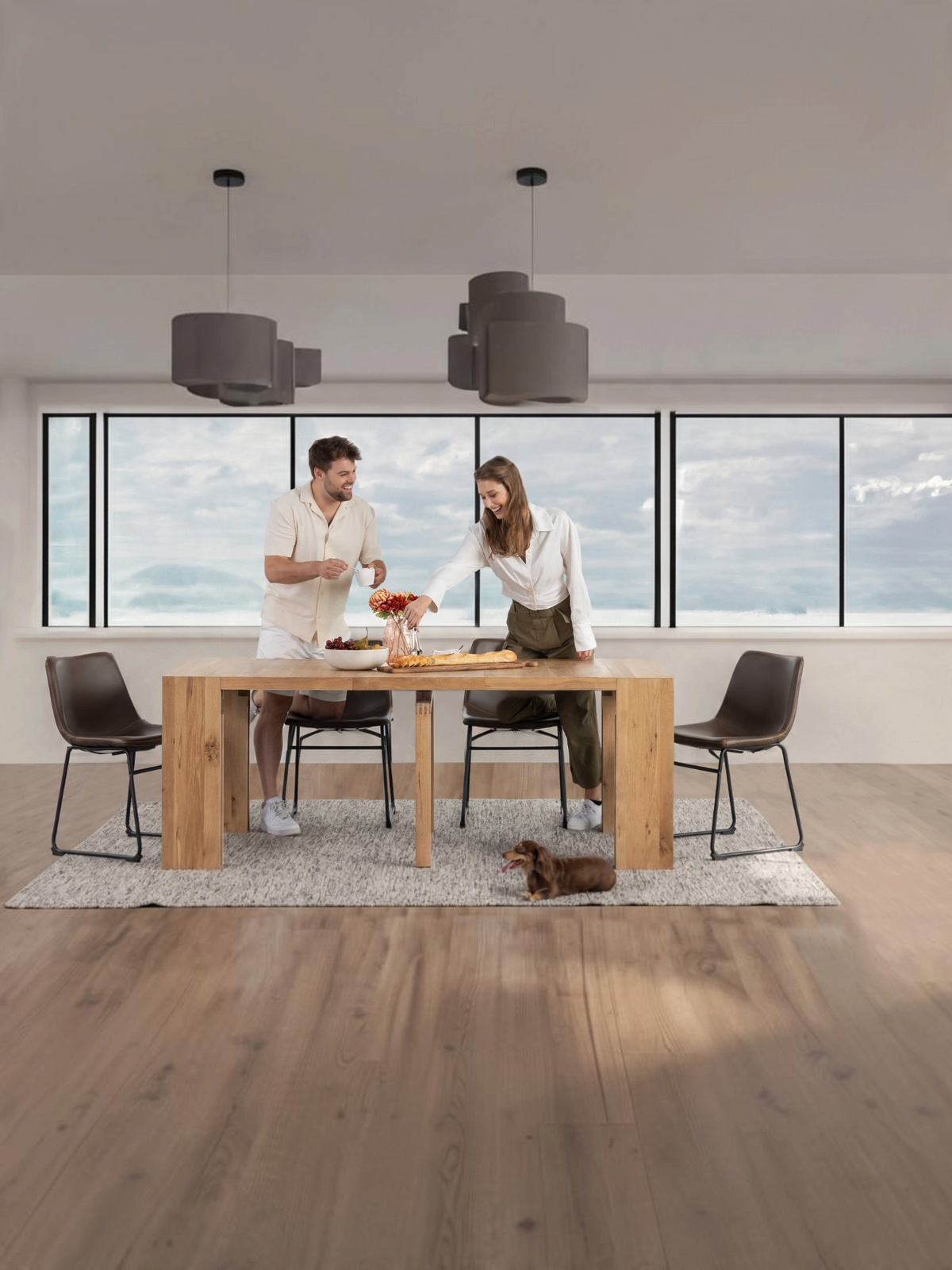 Table à manger extensible Transformer en chêne scandinave – avec 3 rallonge(s), mise en situation – Meubles TOCO