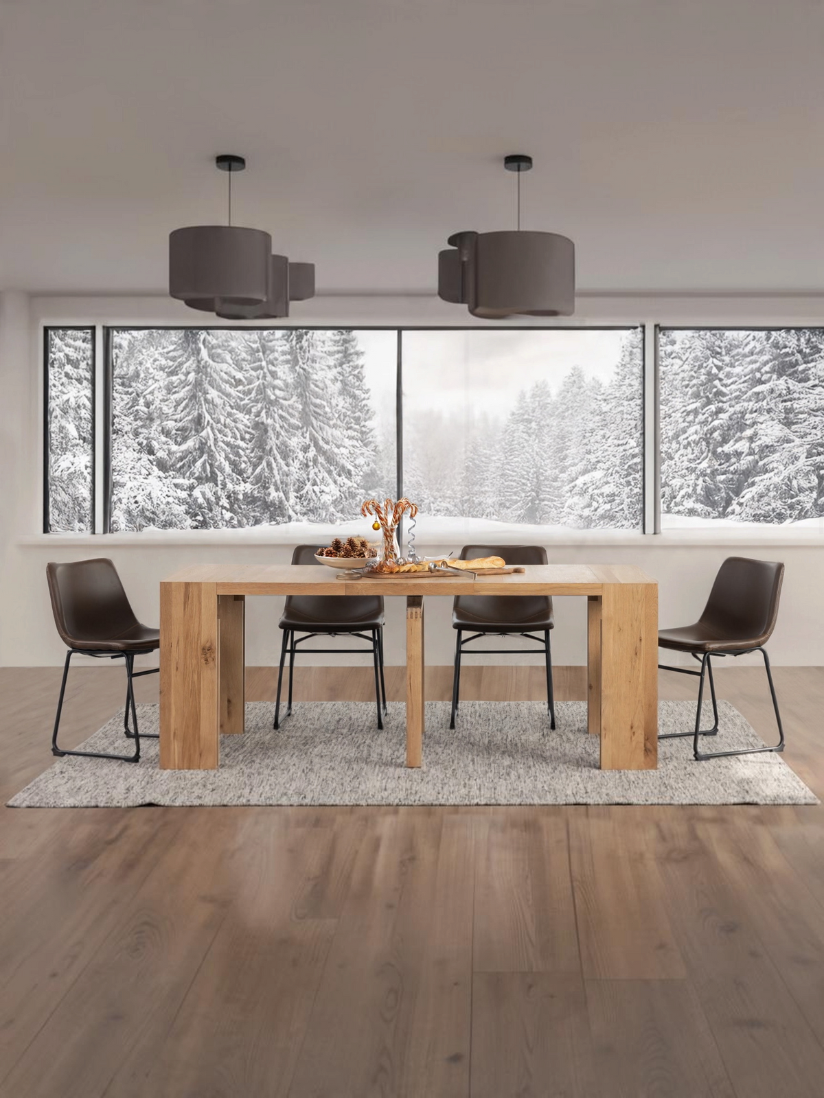 Table à manger extensible Transformer en chêne scandinave – avec 3 rallonge(s), mise en situation, décor des Fêtes – Meubles TOCO