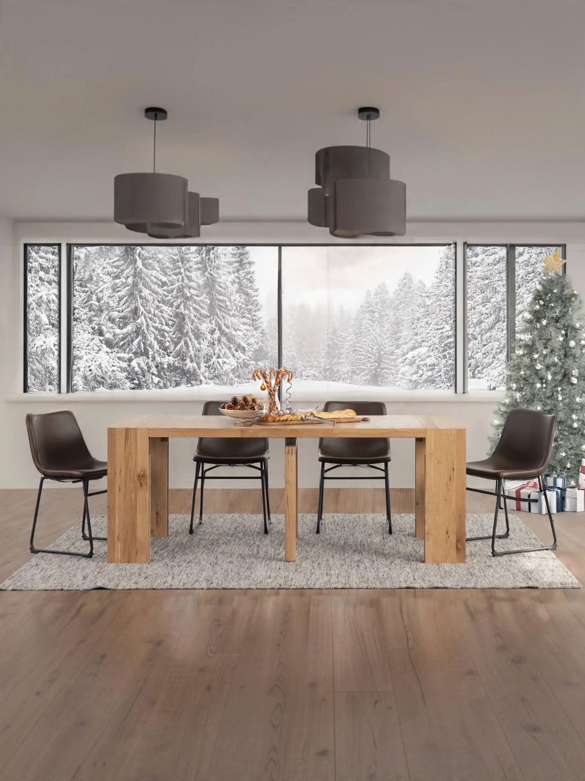 Table à manger extensible Transformer en chêne scandinave – avec 3 rallonge(s), mise en situation, décor des Fêtes – Meubles TOCO