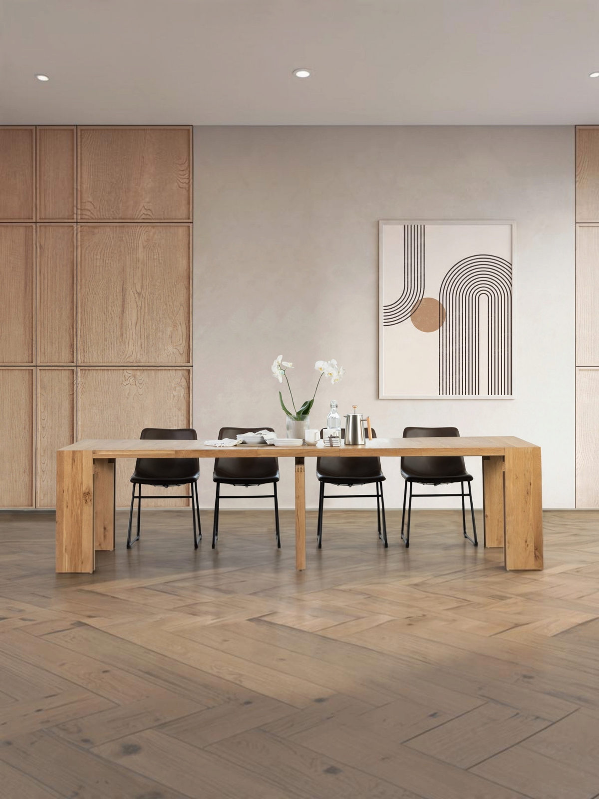 Table à manger extensible Transformer en chêne scandinave – avec 5 rallonge(s), mise en situation – Meubles TOCO