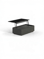 Table basse relevable Transformer en hickory fumé – déployée, sur fond blanc – Meubles TOCO