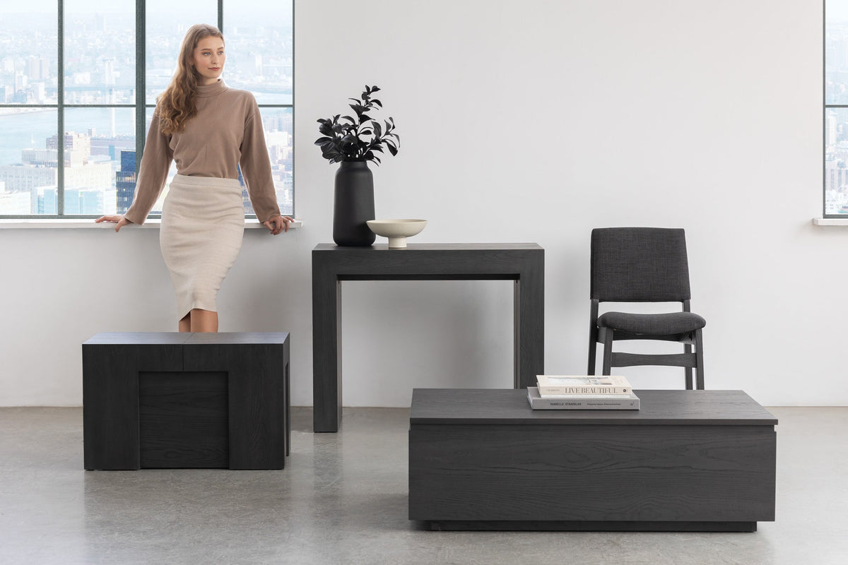 Table à manger extensible Transformer en hickory fumé – mise en situation – Meubles TOCO