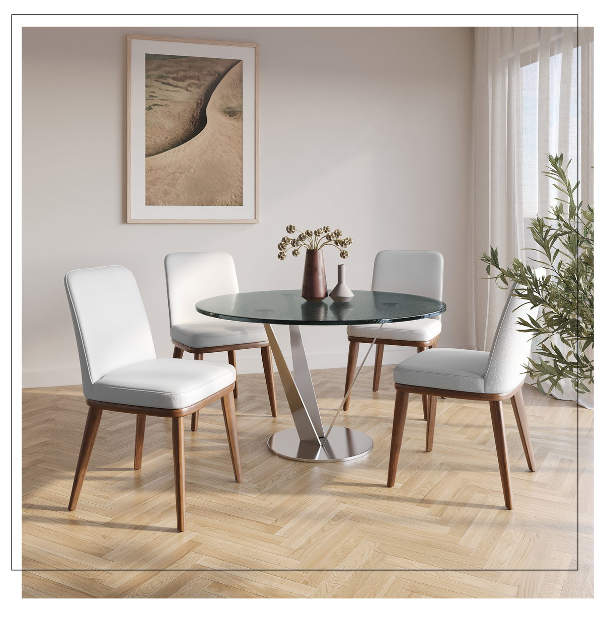 Chaises Laurier en cuir autour d'une table de salle à manger, Meubles TOCO