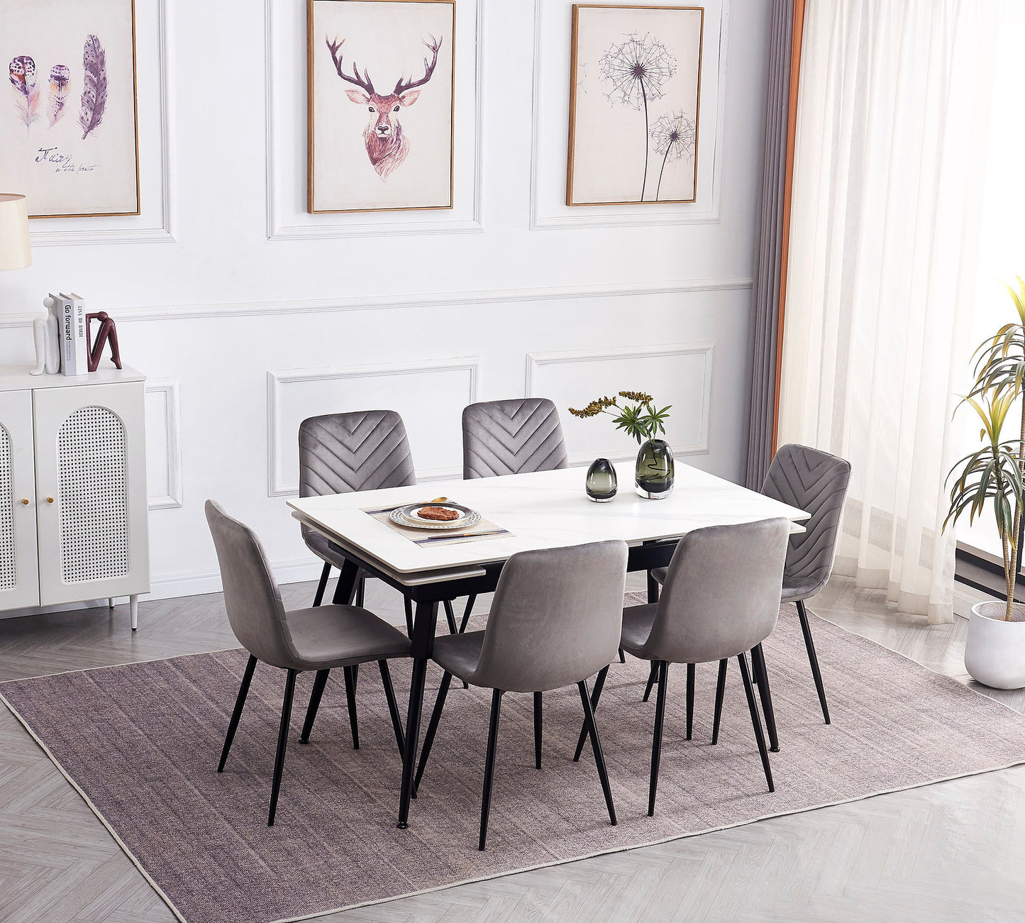 Table de Cuisine Extensible avec Plateau en Marbre Blanc en Pierre Frittée et Pieds en Acier Noir | 8181-T