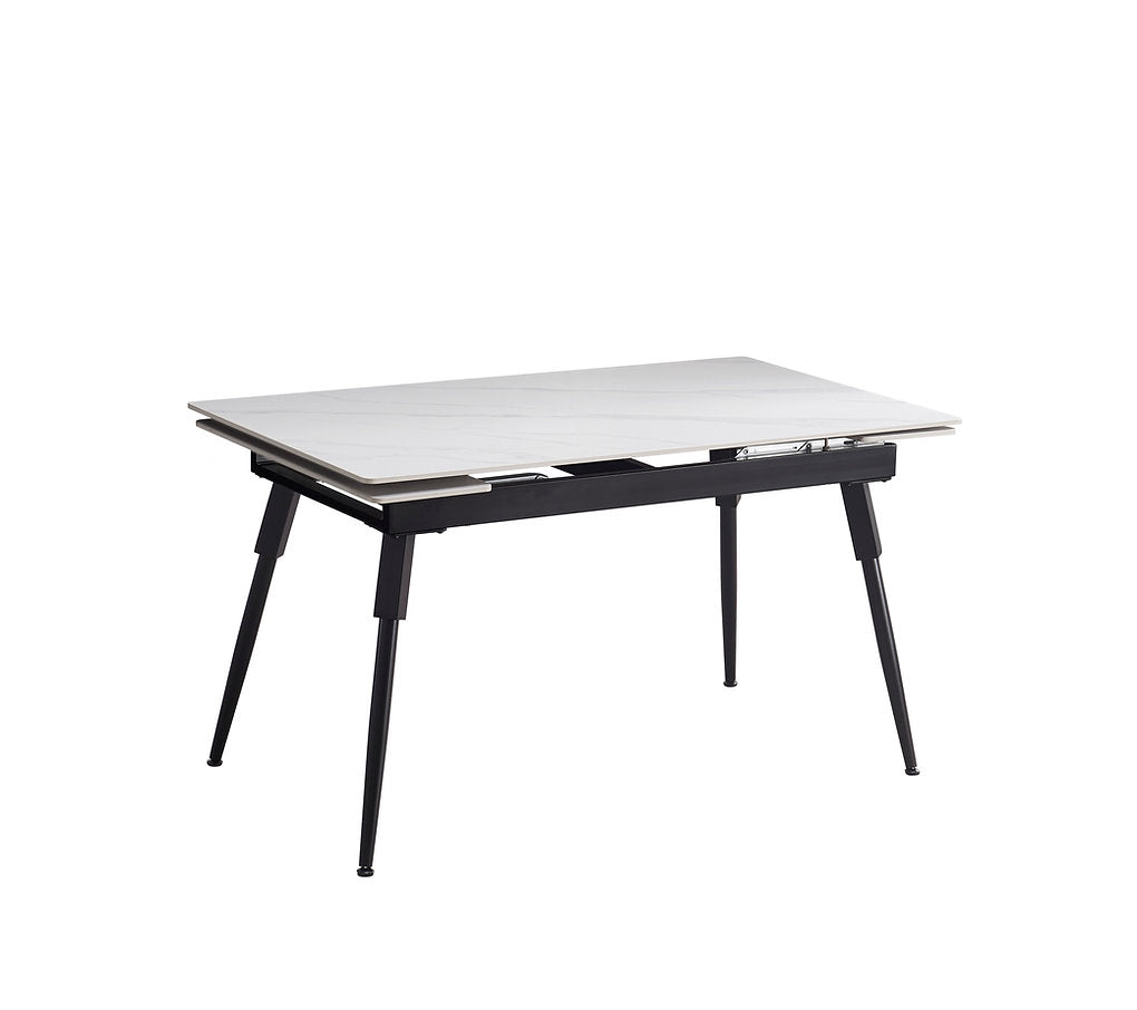 Table de Cuisine Extensible avec Plateau en Marbre Blanc en Pierre Frittée et Pieds en Acier Noir | 8181-T