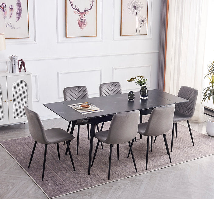 Table de Cuisine Extensible avec Plateau en Marbre Noir en Pierre Frittée et Pieds en Acier Noir | 7181T