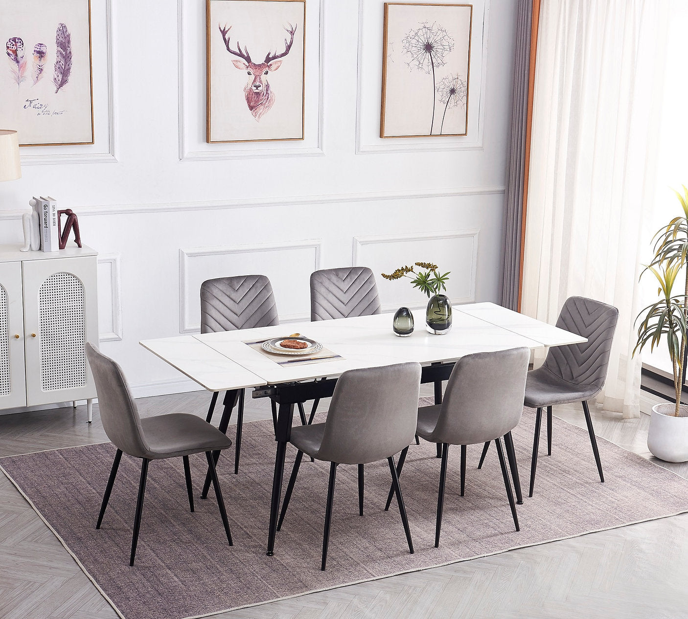 Table de Cuisine Extensible avec Plateau en Marbre Blanc en Pierre Frittée et Pieds en Acier Noir | 8181-T