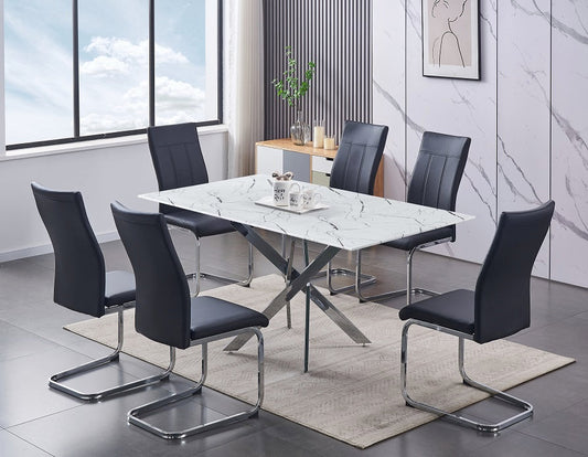 Table de Cuisine avec Plateau en Verre Effet Marbre Blanc Trempé et Pieds en Chrome | 2441-T