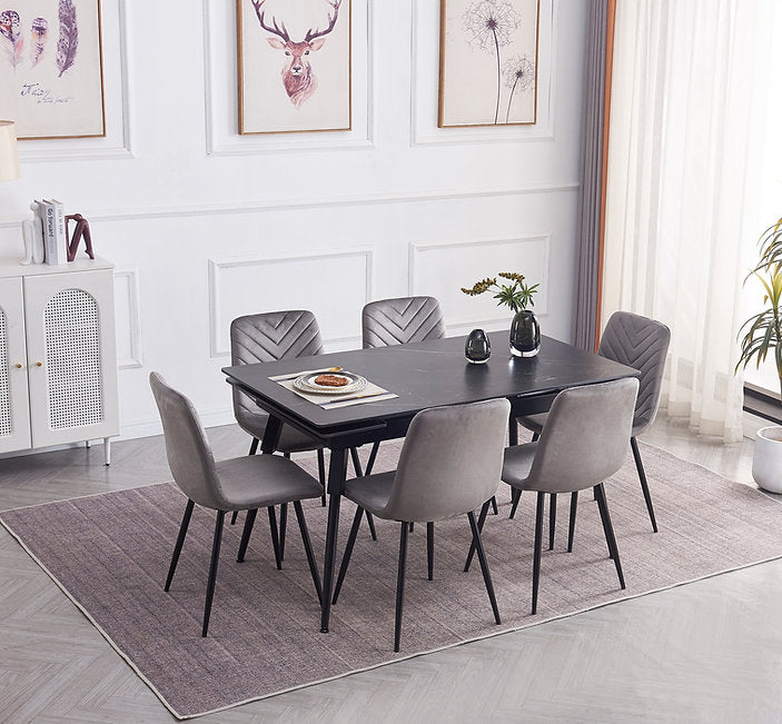 Table de Cuisine Extensible avec Plateau en Marbre Noir en Pierre Frittée et Pieds en Acier Noir | 7181T